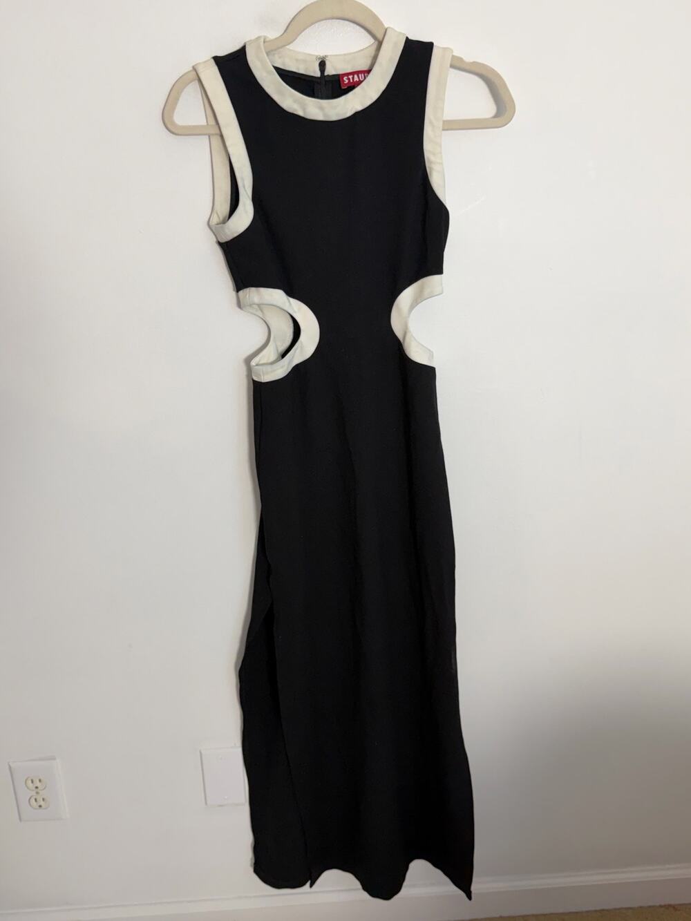 STAUD DOLCE Cutout Waist Black White Trim Maxi Sleeveless Ponte Dress Sz XS